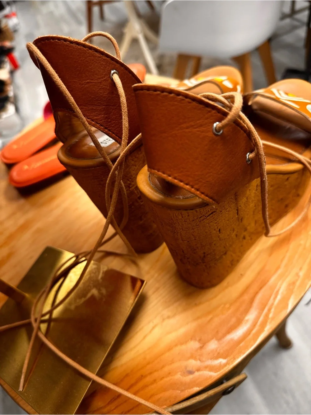 Steve Madden Brown Cork Platform Lace-Up Wedge Sandals with Painted Accents S 7